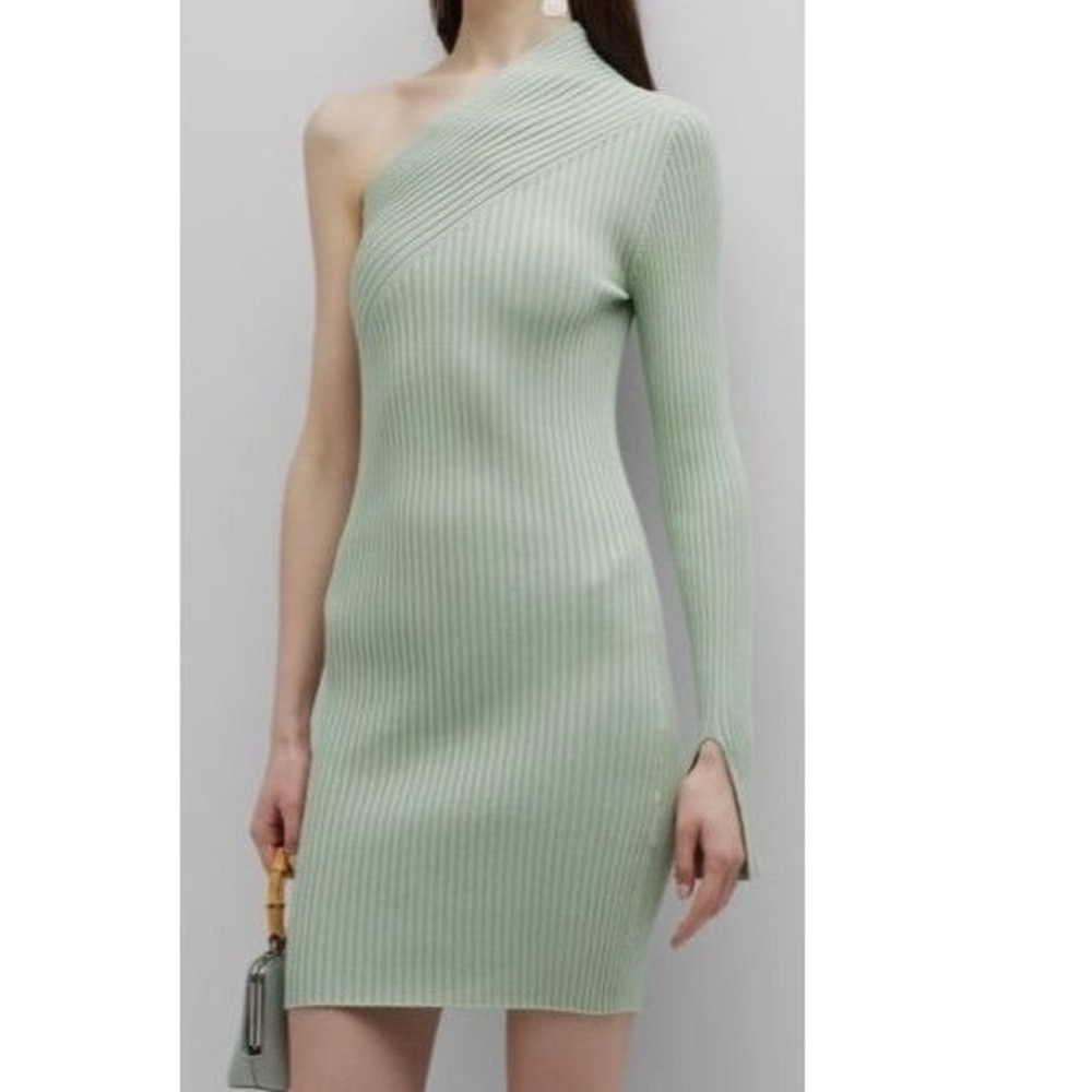 Aeron Zero One Shoulder Ribbed Knit Mini‎ Dress Sage Green XL